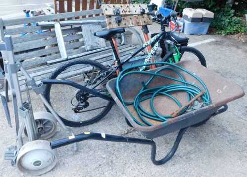 Various garden items, etc., an Apollo child's mountain bike, slatted bench, golf caddy car,...