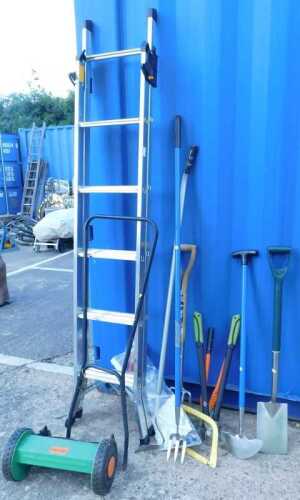 Various tools, hand tools, edging spade, edger, fork, folding step ladder, push lawn mower, etc....