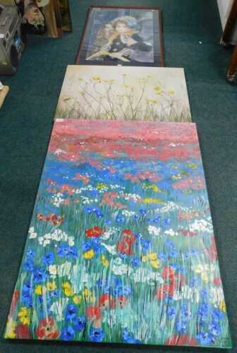 Various artworks, abstract acrylic on canvas, flowers, portrait print, etc. (a quantity)
