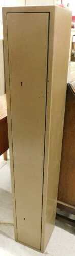 A metal hanging gun cabinet, with two keys.