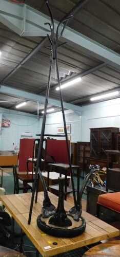 A rectangular slatted pub style high table, metal coat stand and a stool. (3)