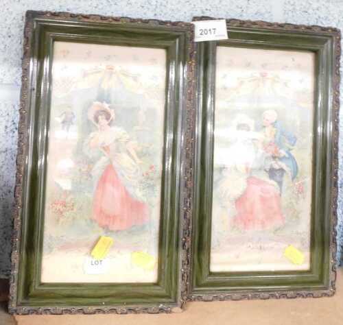 A 19thC style fashion plate, formed as a courting couple, in colours, 23cm x 12cm, and another...