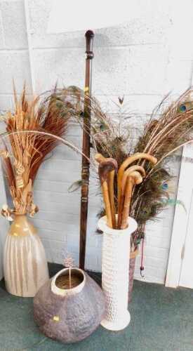 Housewares, to include stick stand, walking sticks, floor lamp, peacock feathers, dried flowers,...