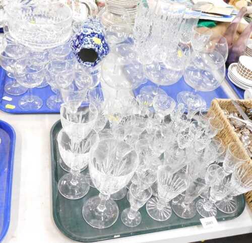 Various glassware, drinking glasses, set of six large brandy balloons, transfer printed blue and...