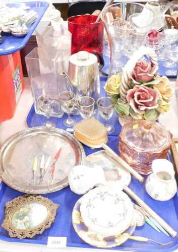 Housewares, glassware, etc., to include vases, sherry glasses, plated tray, dressing table...