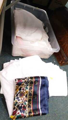 Fabrics, to include scarves, night shirts, tablecloths, etc. (1 box)