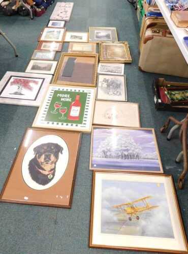 Pictures and prints, to include Crossing the Brook, embroideries, etc. (a quantity)