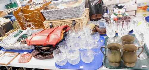 Glassware, ceramics, etc., to include sherry glasses, wine glasses, tumblers, various handbags,...