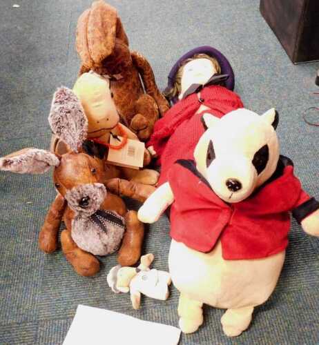 Soft toys, to include dolls and soft toys, rabbits, tortoises, etc., together with a leather...