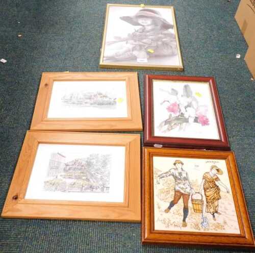 Framed pictures and prints, to include flowers, cityscapes, drawing of a young child, and a...