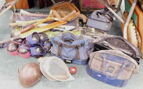 Sporting equipment, including golf clubs, cricket bats, tennis rackets, boulles, etc. (contents...