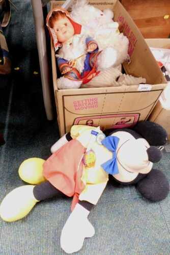 Soft toys and dolls, to include sheep, bears, hippo, doll in Dutch national dress, Mickey Mouse....