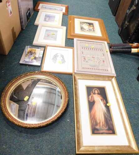 Pictures and prints, including religious scenes, landscapes and a circular mirror.