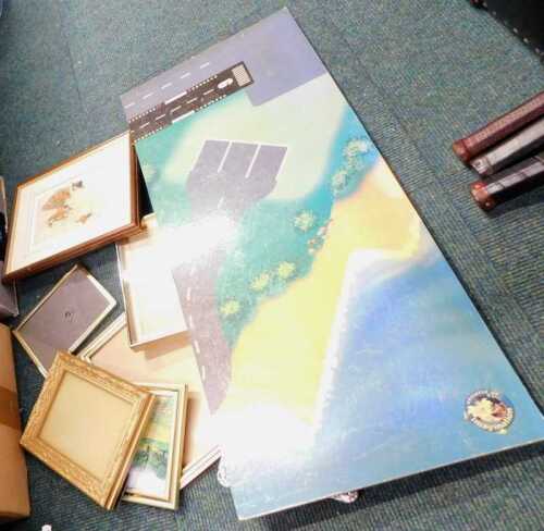A quantity of empty picture frames, of various sizes and materials, and a children's wooden self...