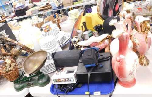 Housewares and ceramics, including an ornate wood and brass ceiling lamp, a Johnson Brothers...