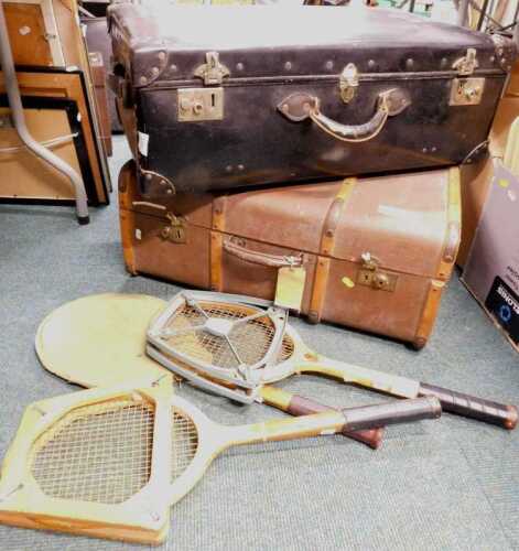 A mid-century orient make leatherette suitcase, with riveted joints, leather handles, a brown...