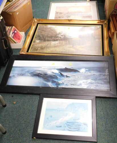 Framed pictures and prints, to include Whitby Harbour, seascapes, and steam railway.