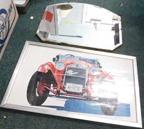 A mid century arched overmantel mirror, and a framed print of a 1920s Alfa Romeo.