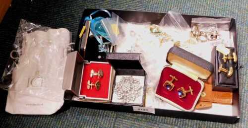 A group of assorted costume jewellery, to include plated cufflinks, drop earrings, steel bar...