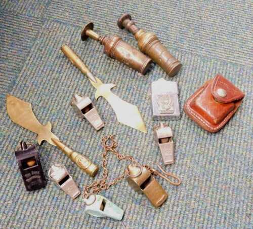A group of whistles, betel nut crusher, letter openers, pocket lighter, etc. (a quantity)