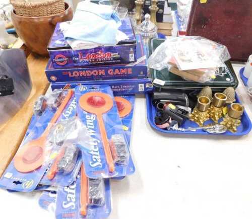 Housewares, to include brass candlesticks, metalware, games compendium, Doctor Who books, The...