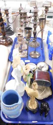Various plated candlesticks, together with Royal Worcester Moments for You figurine, a Dudson...