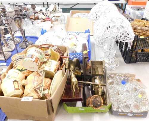 A Beswick ware novelty Cottageware jugs, cups, etc., together with various part tea sets, brass...