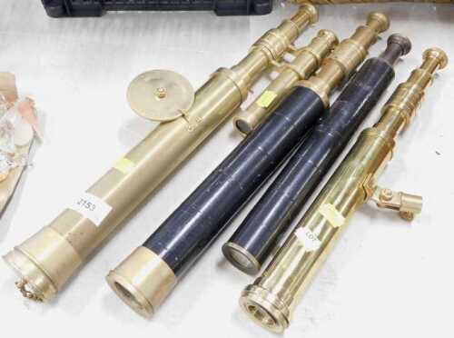 Modern brass telescopes, with various brackets, end caps, and sighting arrangements. (4)
