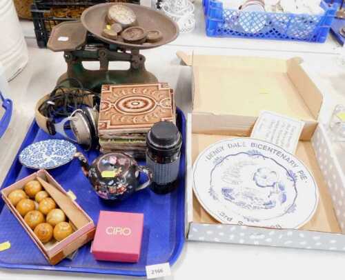Housewares, to include a green painted kitchen scale, with weights, various glazed tiles, a...