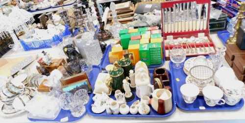 A bone china part tea set, together with a square decanter, various faceted plastic light or...