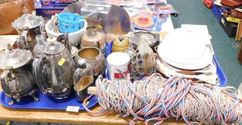 Silver plated ware, to include coffee pots, hip flask with detachable cup, a Doulton Lambeth...