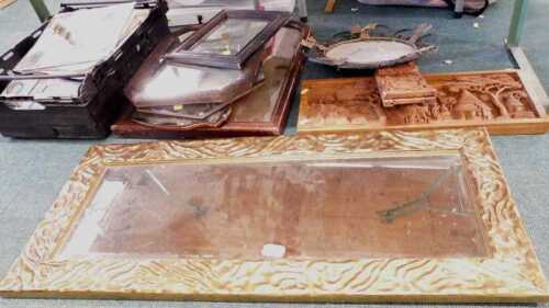 A rectangular copper framed mirror, with bevelled edge, together with various other mirrors,...