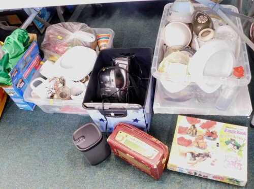 A quantity of various glassware, pottery, effects, Fortnum & Mason transfer printed pudding bowl,...