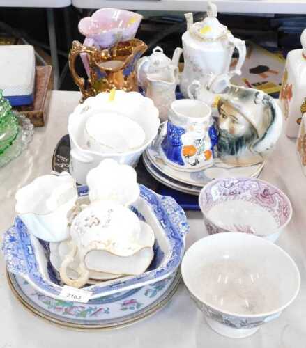 Ceramics, to include a Foley china Douglas commemorative moustache cup, Toby jugs, part tea set,...