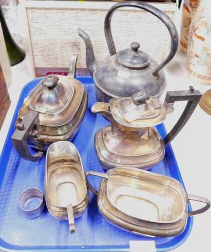 Silver platedware, to include coffee pot, teapots, cream jug, sugar bowl, a napkin ring, and a...