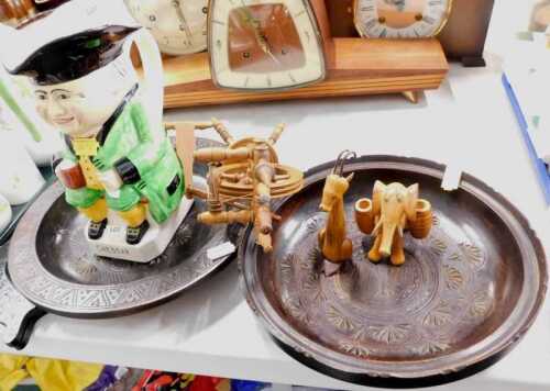 Housewares, to include carved wooden bowls, a small model spinning wheel, a Devonmore Toby jug.