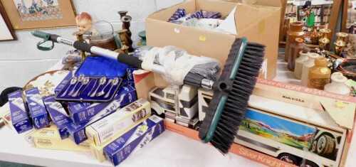 Various Windsor and Newton art supplies, together with a pair of brass candlesticks, wooden...