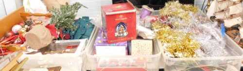 Christmas decorations, to include tinsel, tree ornaments, baubles, Rocky Mountain locomotive,...