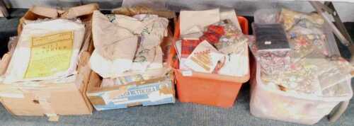 Fabrics, bags, etc., to include a quantity of new bowler's shoe bags, kilt bags, various...