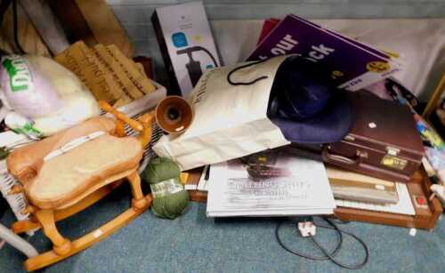 Knitting supplies, including wool, needles, patterns, etc., a brown leatherette briefcase, a 2...