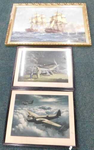 V - Framed pictures and prints, consisting of Blenheim aircraft in flight, Hawker Hurricanes 1940,...