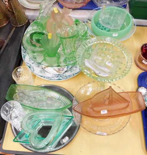 Glassware, consisting of moulded orange glass boat toothbrush stand, various green glass vases,...