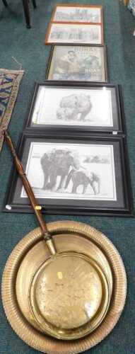 Various pictures and prints, depicting Exchequer Gate in Lincoln, pair of rhinos, elephants, etc....