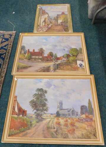 Framed oil on board showing country church, together with another of a Cornish fishing village,...
