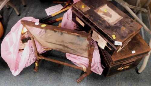 Two black metal deeds boxes, a quantity of &frac34;" nylon rope, tennis racquets, and an Edwardian...