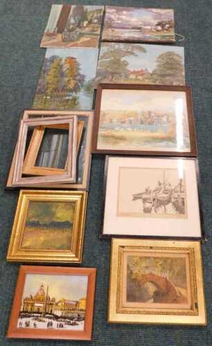 Framed pictures and prints, oil on board of a cottage, landscapes, etc., together with a...