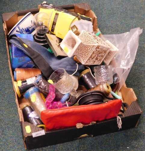 Housewares, to include crafting supplies, a ceramic Ringtons Tea Morris Minor van, glassware,...