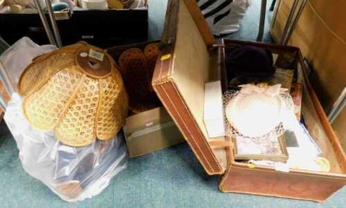 A mid century leather suitcase, containing ceramics, material, photographs, framed pictures,...
