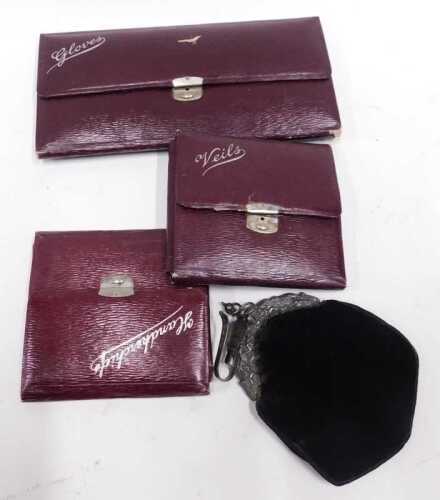 Mid 20thC leatherette storage cases, for handkerchiefs, one for veils, and one for gloves, plus...