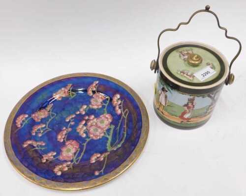 A Burselyware countryside biscuit barrel, and a Maling ware plate.